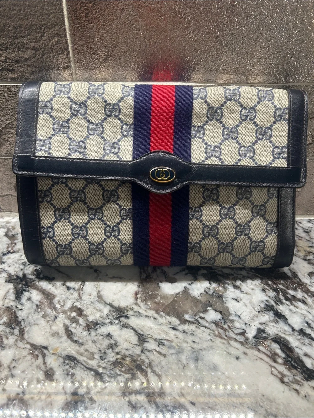 Gucci Beige GG Supreme Vintage Sherry Line Web Stripe Clutch 1980’s with COA